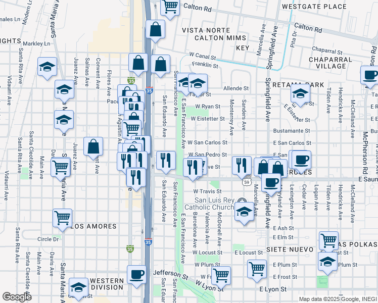 map of restaurants, bars, coffee shops, grocery stores, and more near 410 West San Pedro Street in Laredo