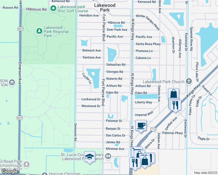 map of restaurants, bars, coffee shops, grocery stores, and more near 7601 Arthurs Road in Fort Pierce