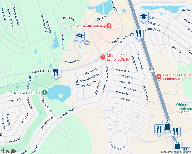 map of restaurants, bars, coffee shops, grocery stores, and more near 4607 Leucadendra Drive in Sebring