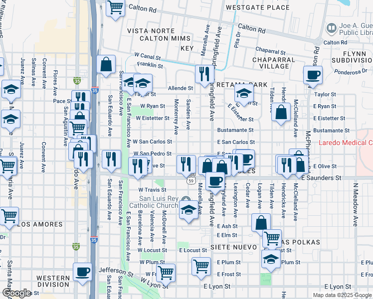 map of restaurants, bars, coffee shops, grocery stores, and more near 120 East San Pedro Street in Laredo