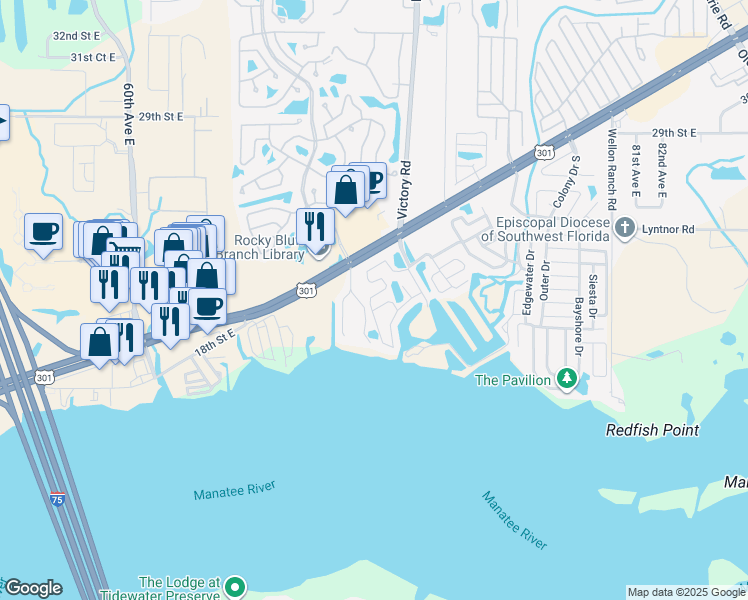 map of restaurants, bars, coffee shops, grocery stores, and more near 203 Emden Way in Ellenton