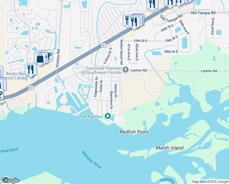 map of restaurants, bars, coffee shops, grocery stores, and more near 917-945 Siesta Dr in Ellenton