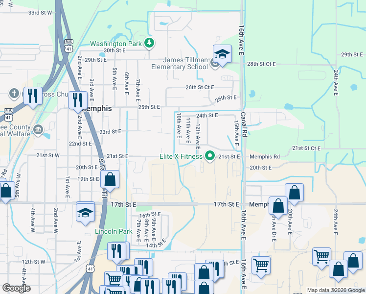 map of restaurants, bars, coffee shops, grocery stores, and more near 1011 22nd Street East in Palmetto