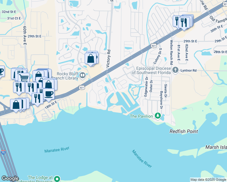 map of restaurants, bars, coffee shops, grocery stores, and more near 219 Denmark Drive in Ellenton