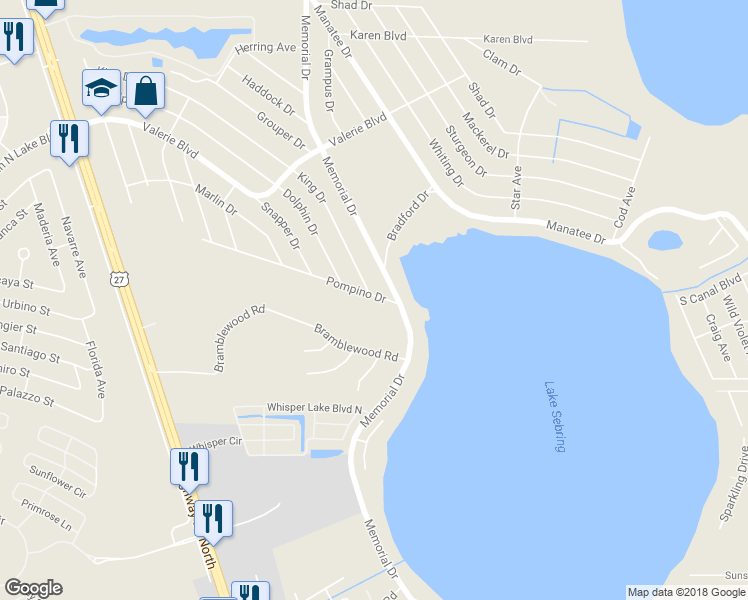 map of restaurants, bars, coffee shops, grocery stores, and more near 2625 Pompino Drive in Sebring