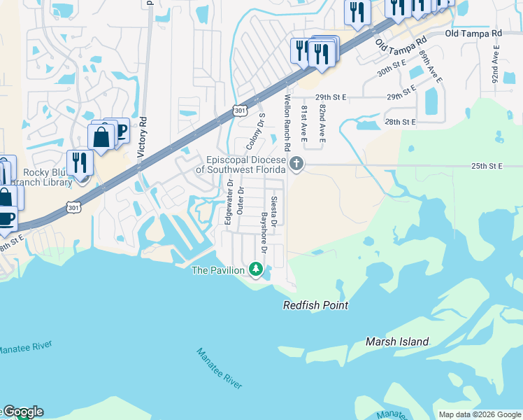 map of restaurants, bars, coffee shops, grocery stores, and more near 495 Flamingo Lane in Ellenton