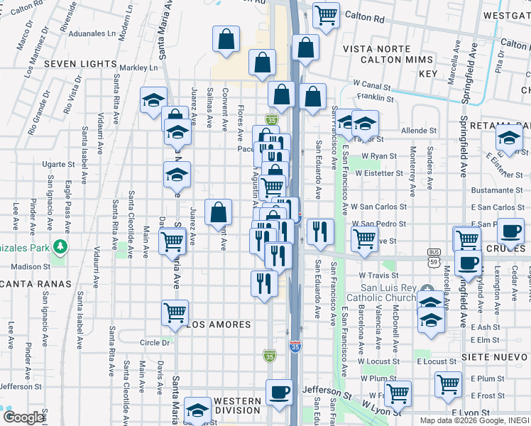 map of restaurants, bars, coffee shops, grocery stores, and more near 3619 San Bernardo Ave in Laredo
