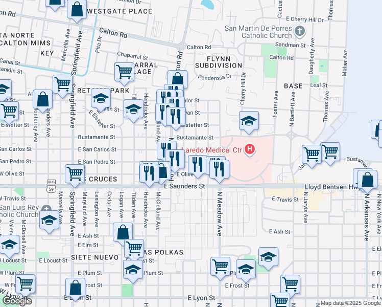 map of restaurants, bars, coffee shops, grocery stores, and more near 1304 East San Pedro Street in Laredo