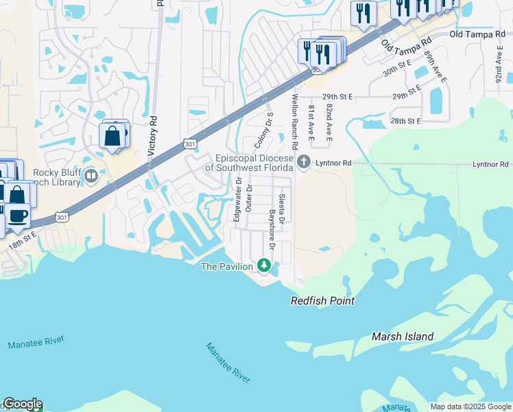 map of restaurants, bars, coffee shops, grocery stores, and more near 495 Sandalwood Lane in Ellenton