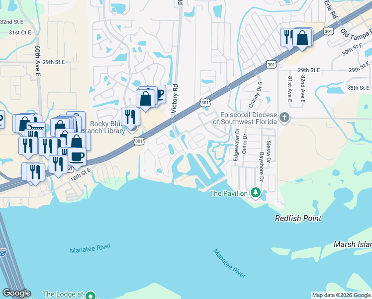 map of restaurants, bars, coffee shops, grocery stores, and more near 213 Denmark Drive in Ellenton