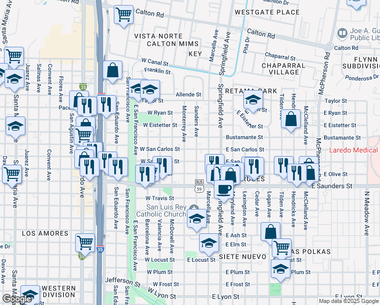 map of restaurants, bars, coffee shops, grocery stores, and more near 120 East San Pedro Street in Laredo