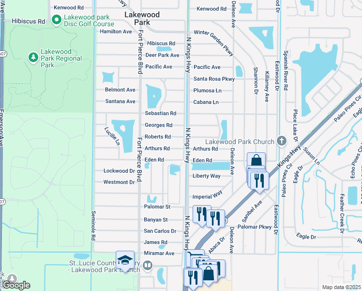 map of restaurants, bars, coffee shops, grocery stores, and more near 7301 Arthurs Road in Fort Pierce