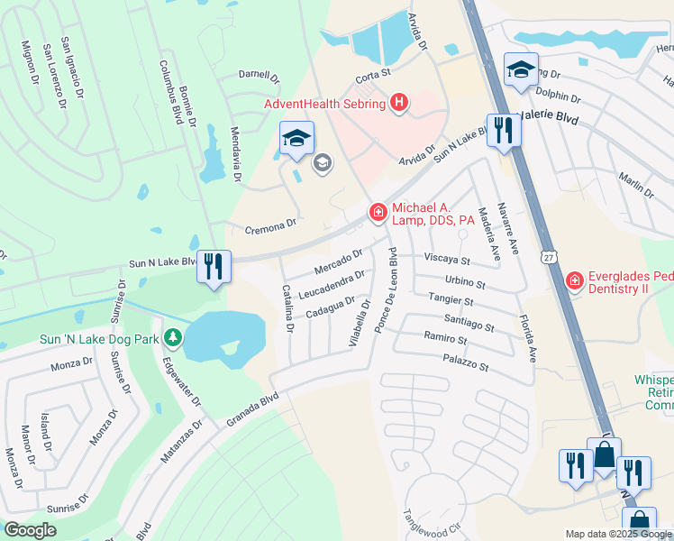 map of restaurants, bars, coffee shops, grocery stores, and more near 4607 Leucadendra Drive in Sebring