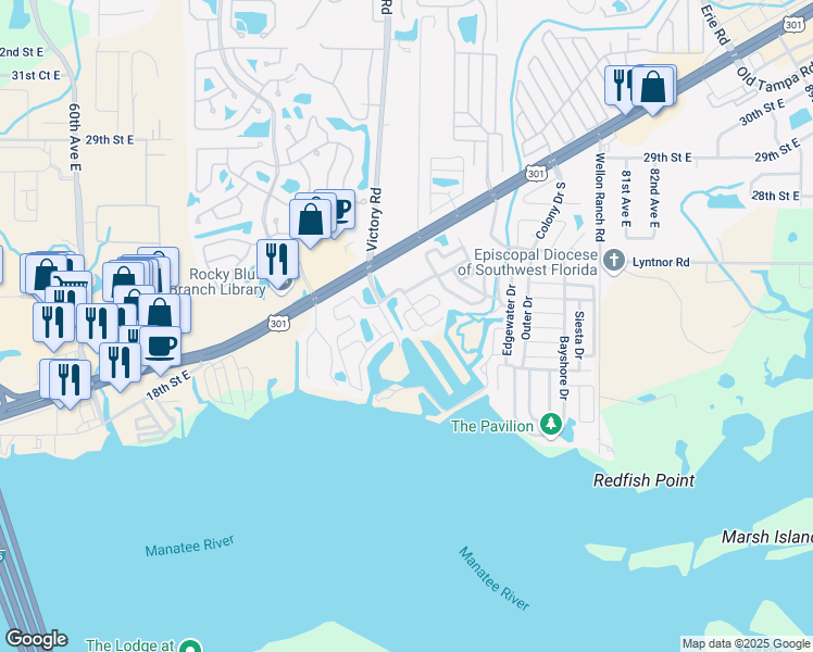 map of restaurants, bars, coffee shops, grocery stores, and more near 213 Denmark Drive in Ellenton