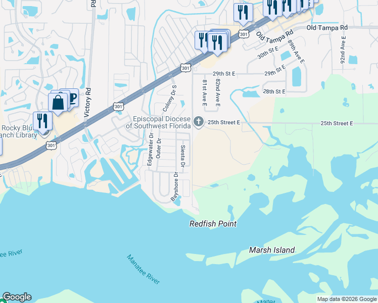 map of restaurants, bars, coffee shops, grocery stores, and more near 922 Siesta Drive in Ellenton