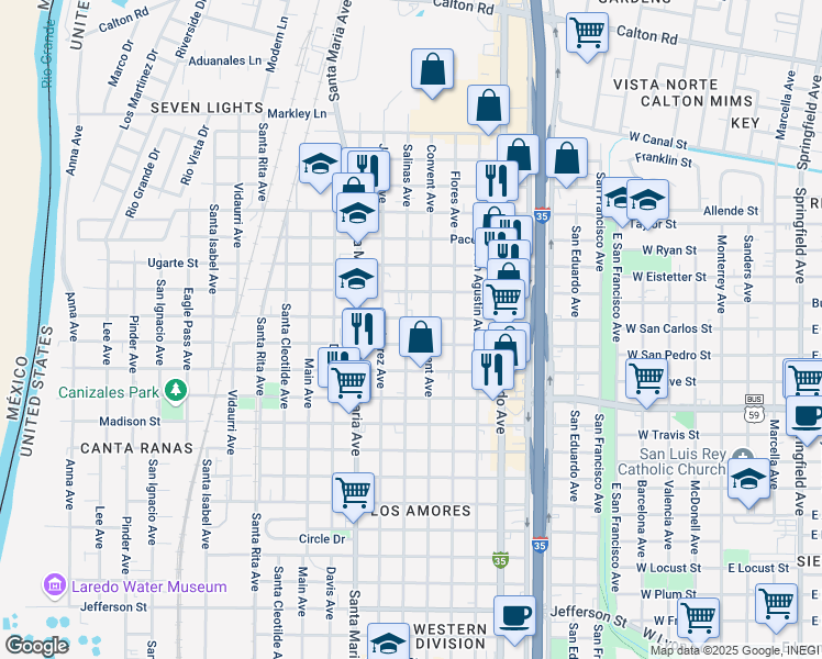 map of restaurants, bars, coffee shops, grocery stores, and more near 3707 Salinas Avenue in Laredo