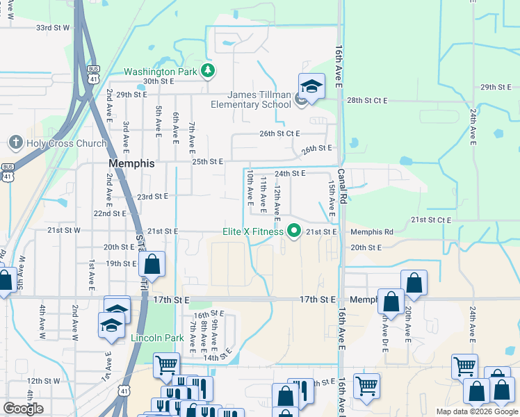 map of restaurants, bars, coffee shops, grocery stores, and more near 2207 11th Avenue East in Palmetto