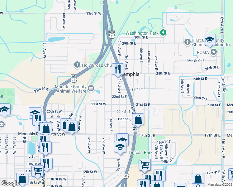 map of restaurants, bars, coffee shops, grocery stores, and more near 2211 2nd Avenue West in Palmetto