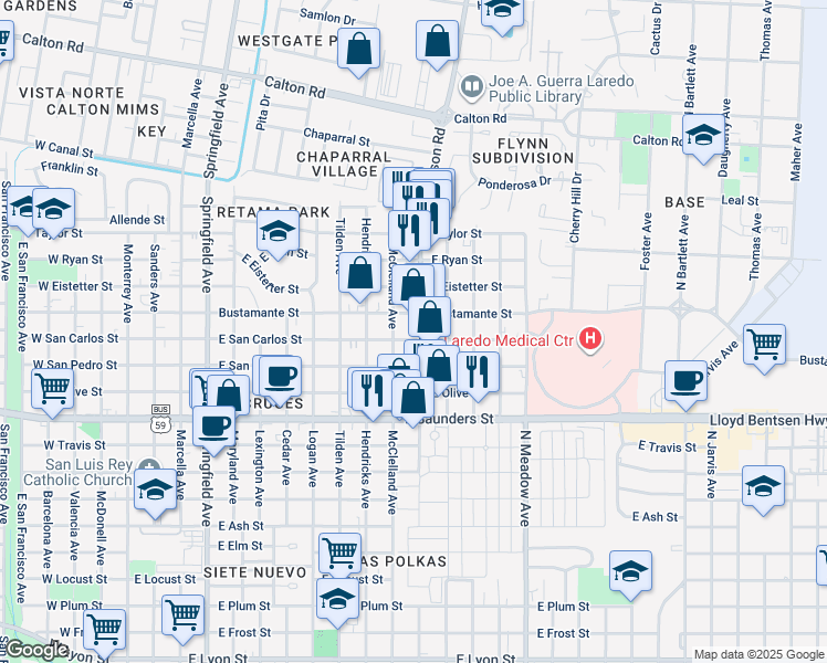 map of restaurants, bars, coffee shops, grocery stores, and more near 4102 McPherson Avenue in Laredo