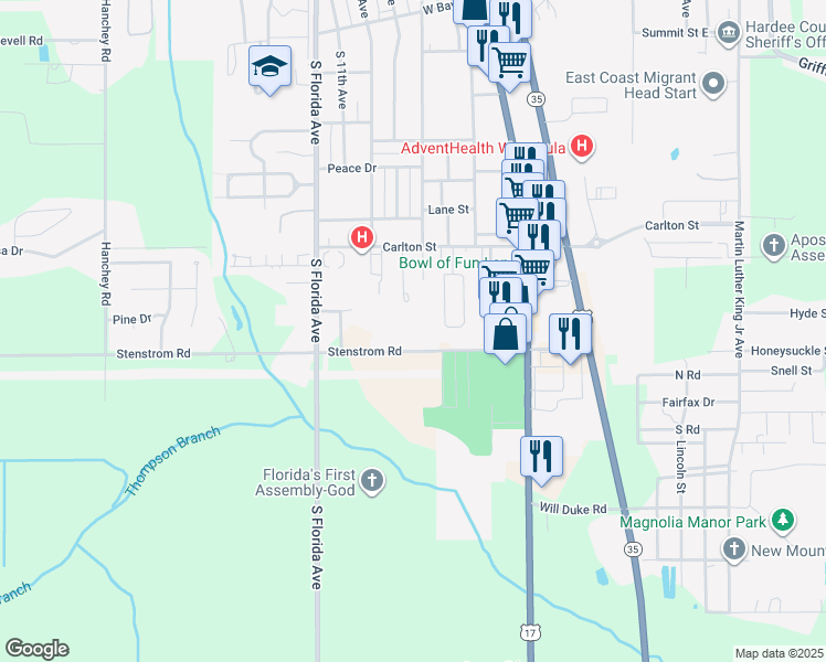 map of restaurants, bars, coffee shops, grocery stores, and more near 338 Stenstrom Road in Wauchula