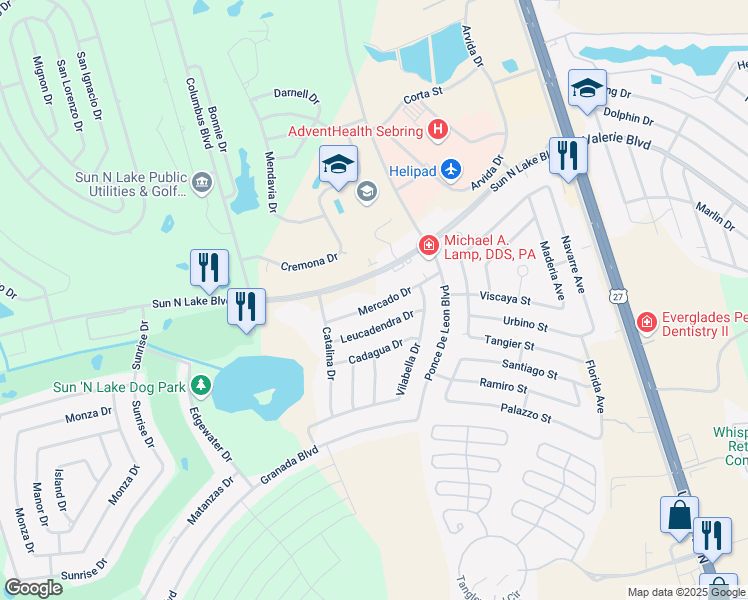 map of restaurants, bars, coffee shops, grocery stores, and more near 4875 Sun North Lake Boulevard in Sebring