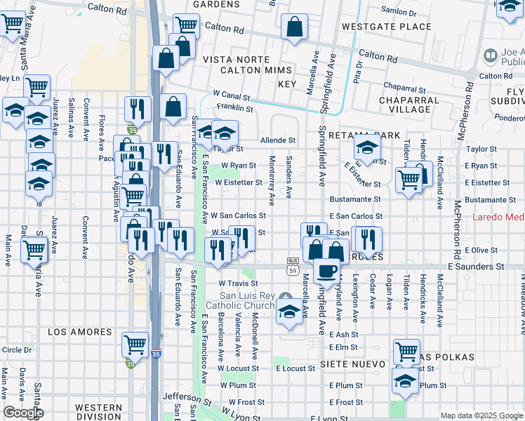 map of restaurants, bars, coffee shops, grocery stores, and more near 115 West Bustamante Street in Laredo