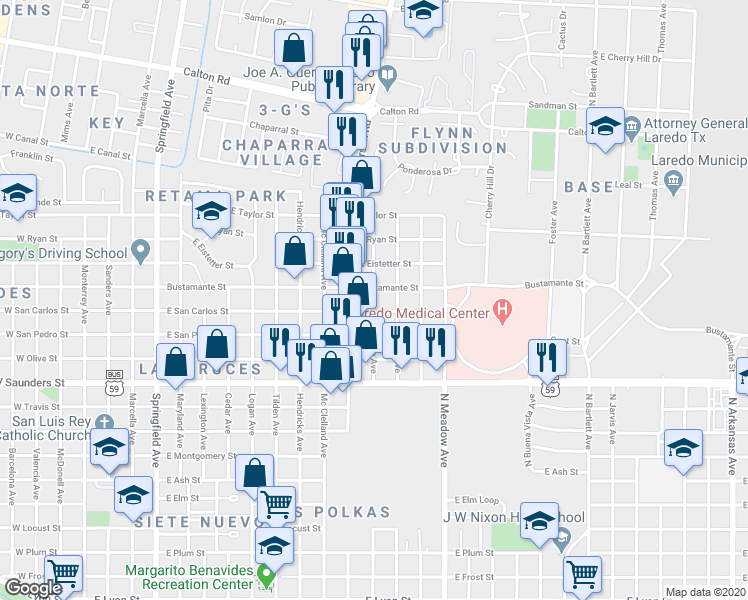 map of restaurants, bars, coffee shops, grocery stores, and more near 4100 North Stone Avenue in Laredo