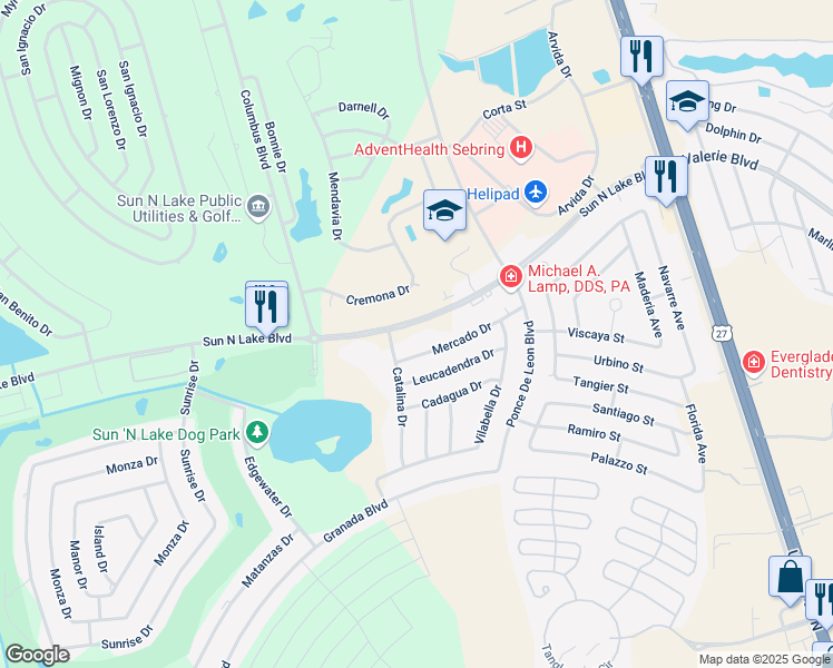 map of restaurants, bars, coffee shops, grocery stores, and more near 4875 Sun North Lake Boulevard in Sebring