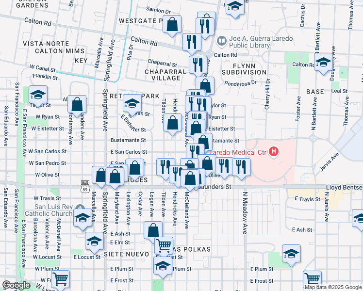 map of restaurants, bars, coffee shops, grocery stores, and more near 110 Bustamante Street in Laredo