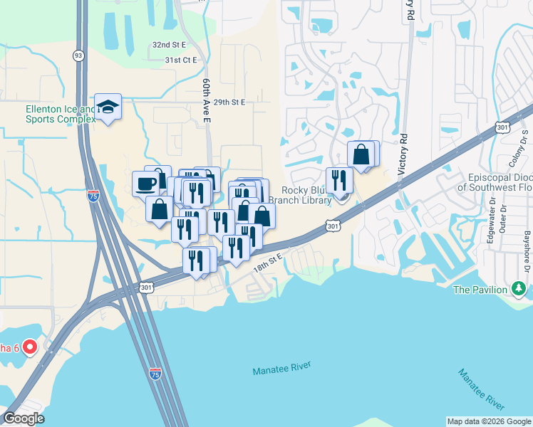 map of restaurants, bars, coffee shops, grocery stores, and more near 6320 U.S. 301 in Ellenton