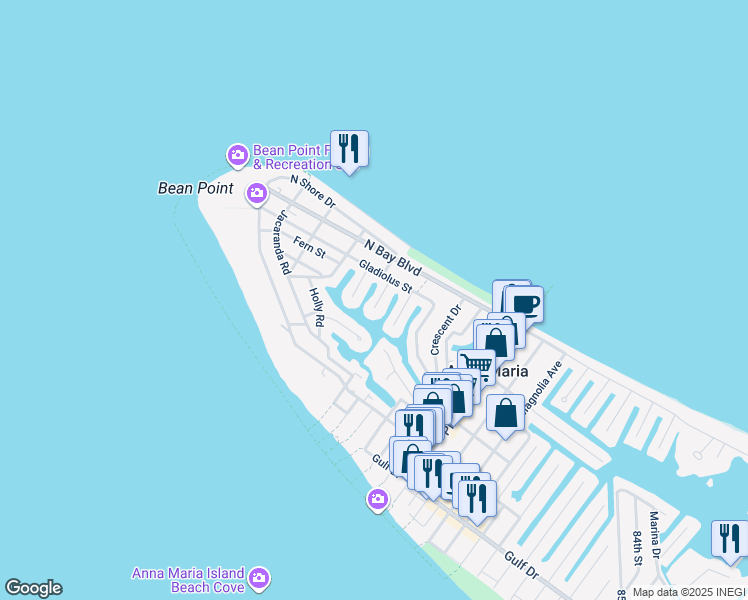 map of restaurants, bars, coffee shops, grocery stores, and more near 107 Gull Drive in Anna Maria