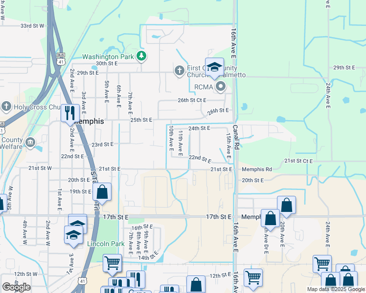 map of restaurants, bars, coffee shops, grocery stores, and more near 2221 12th Avenue East in Palmetto