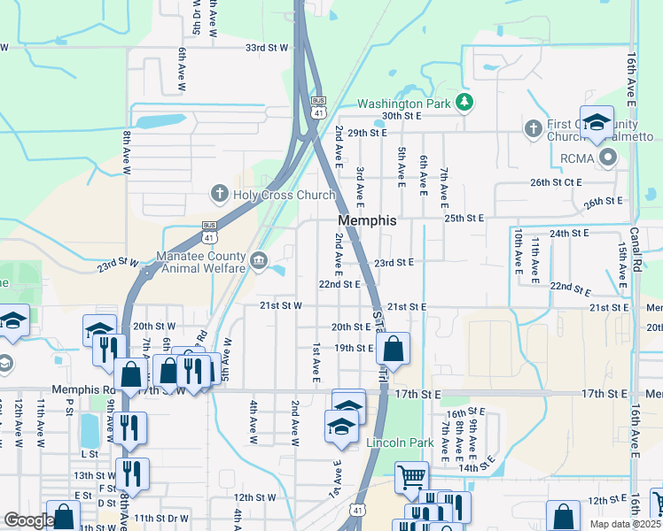 map of restaurants, bars, coffee shops, grocery stores, and more near 2211 2nd Avenue West in Palmetto