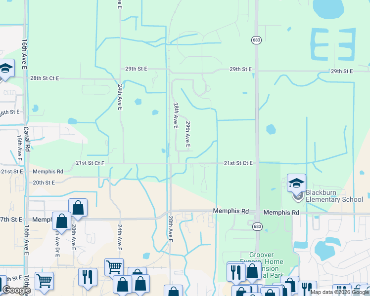 map of restaurants, bars, coffee shops, grocery stores, and more near 2830 22nd Street East in Palmetto