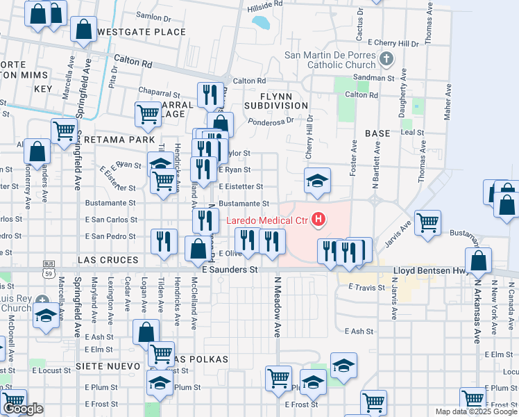 map of restaurants, bars, coffee shops, grocery stores, and more near 1419 Bustamante Street in Laredo