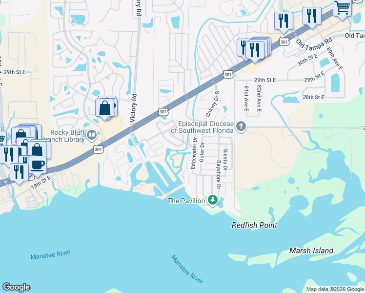 map of restaurants, bars, coffee shops, grocery stores, and more near 326 Den Helder Avenue in Ellenton