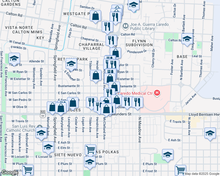 map of restaurants, bars, coffee shops, grocery stores, and more near 4102 McPherson Ave in Laredo