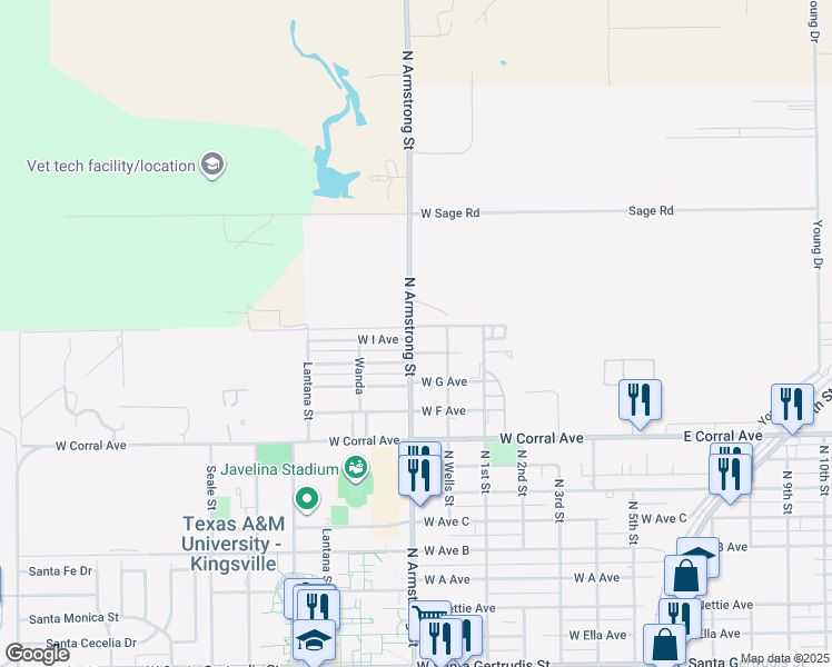map of restaurants, bars, coffee shops, grocery stores, and more near 729 West Avenue I in Kingsville