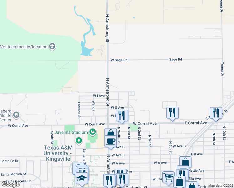 map of restaurants, bars, coffee shops, grocery stores, and more near 701 West I Avenue in Kingsville