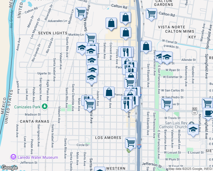 map of restaurants, bars, coffee shops, grocery stores, and more near 1306 Boston Street in Laredo