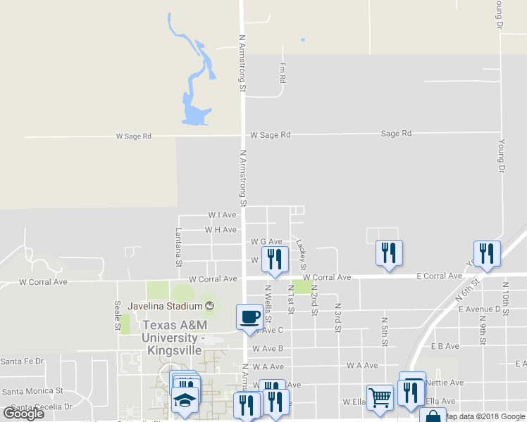 map of restaurants, bars, coffee shops, grocery stores, and more near 701 West I Avenue in Kingsville