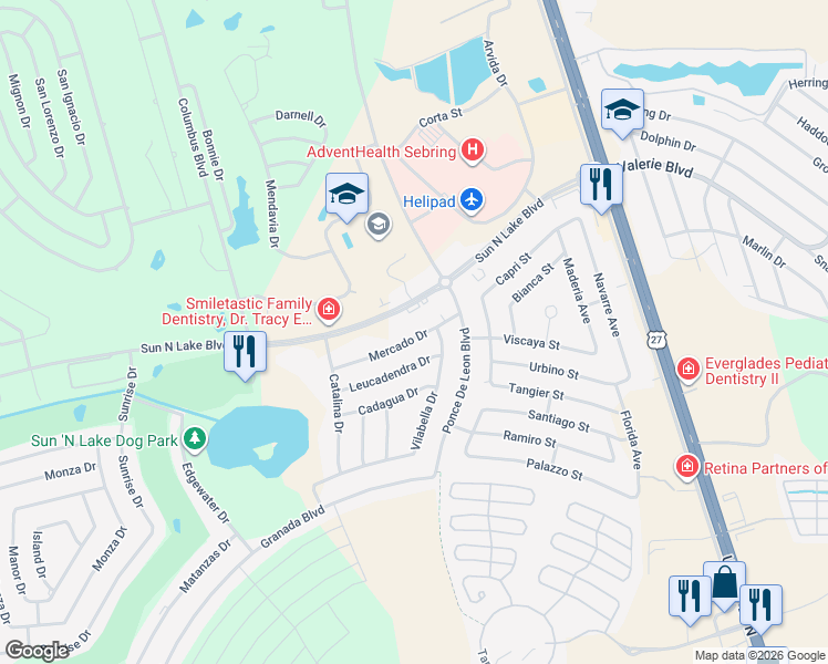 map of restaurants, bars, coffee shops, grocery stores, and more near 4520 Mercado Drive in Sebring