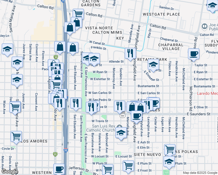 map of restaurants, bars, coffee shops, grocery stores, and more near 115 West Bustamante Street in Laredo