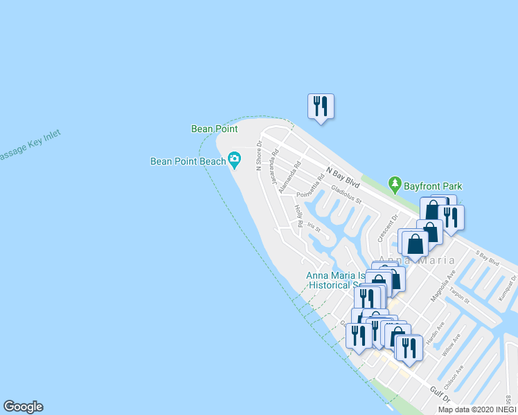map of restaurants, bars, coffee shops, grocery stores, and more near 763 North Shore Drive in Anna Maria