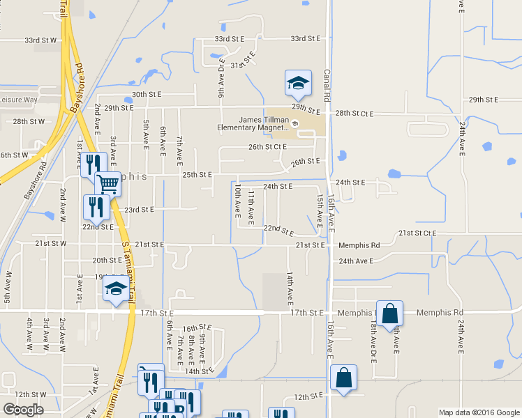 map of restaurants, bars, coffee shops, grocery stores, and more near 2221 12th Avenue East in Palmetto
