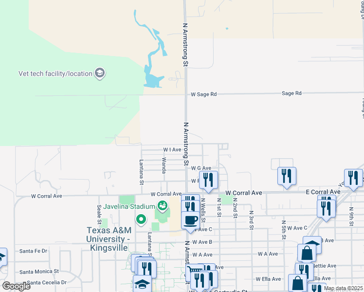 map of restaurants, bars, coffee shops, grocery stores, and more near 729 West Avenue I in Kingsville