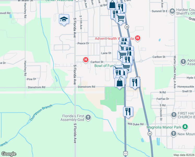 map of restaurants, bars, coffee shops, grocery stores, and more near 401 Orange Place in Wauchula