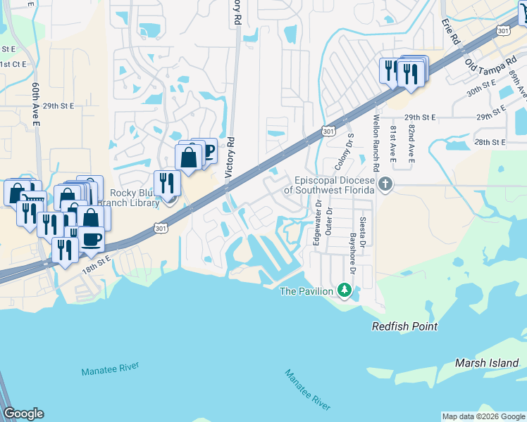 map of restaurants, bars, coffee shops, grocery stores, and more near 205 North Utrecht Street in Ellenton