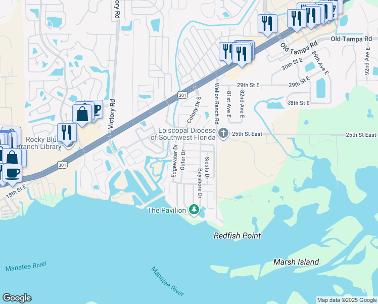 map of restaurants, bars, coffee shops, grocery stores, and more near 495 Ridgewood Lane in Ellenton