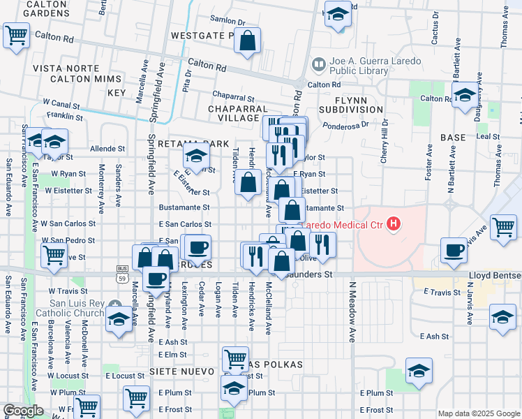 map of restaurants, bars, coffee shops, grocery stores, and more near 110 Bustamante Street in Laredo